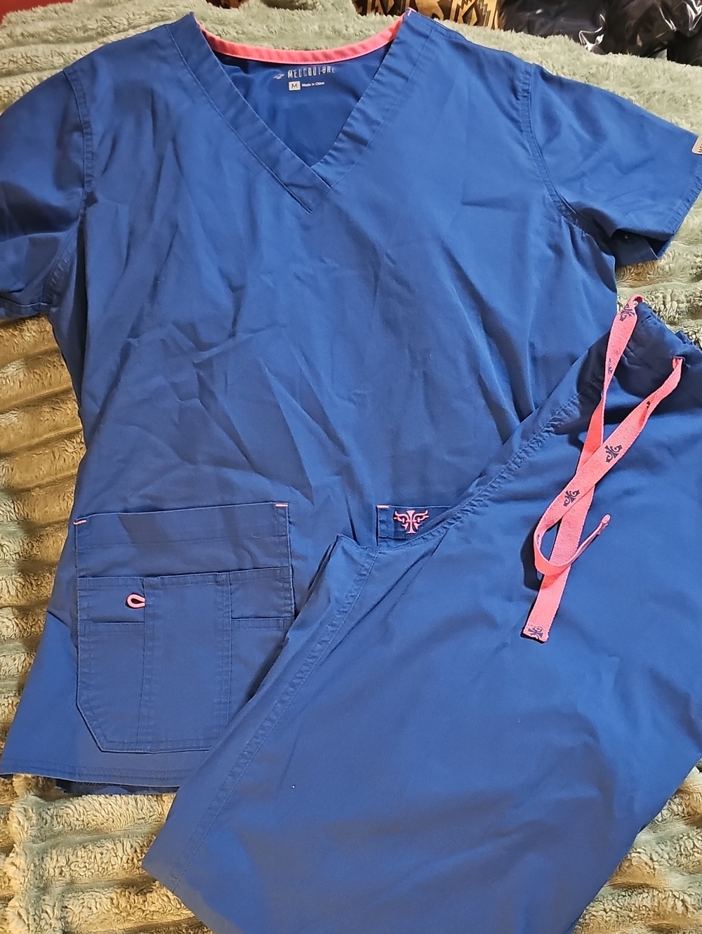 Med Couture Royal Blue Scrub Top and Pants with Pink Trim Medium Womens